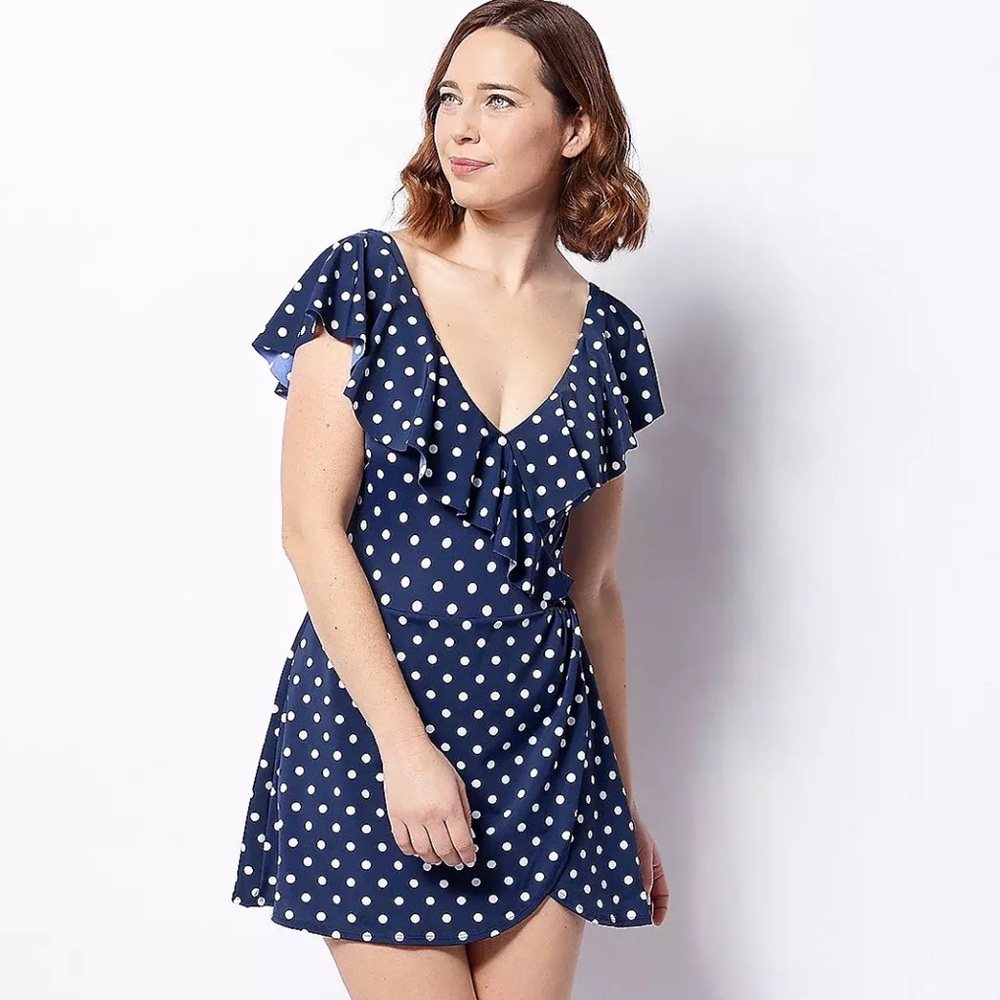NWOT‎ D & Co beach Surplice Flounce Sleeve Summer Swim Dress Navy Dot Size 22W